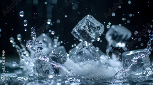 Ice cubes falling into water with a splash