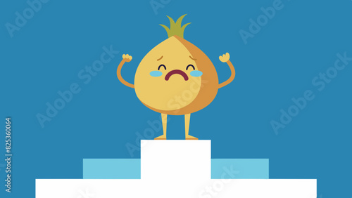 Crying cartoon onion on podium, disappointed, sad, blue background