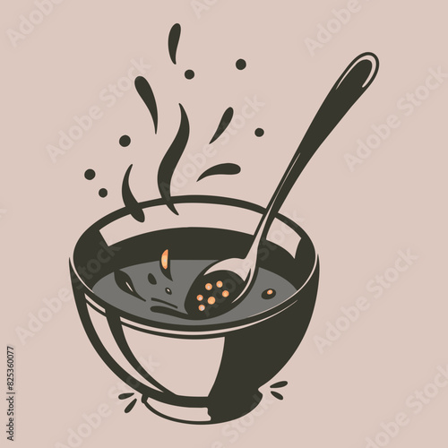 steaming bowl of soup with spoon, perfect for illustrating recipes, menus, or food blogs