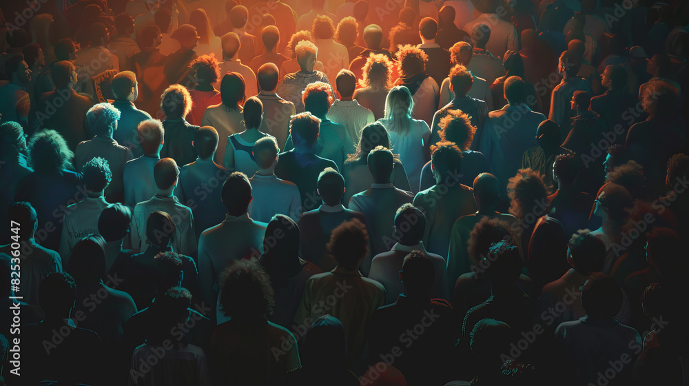 Obraz premium A crowd of people are standing in a dark room