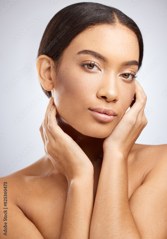 Studio, portrait and beauty for calm woman, hands and cosmetic on white background. Cosmetology, makeup and confidence for relax female model, dermatology or salon treatment for skincare or wellness Studio, portrait and beauty for calm woman, hands and cosmetic on white background. Cosmetology, makeup and confidence for relax female model, dermatology or salon treatment for skincare or wellness
