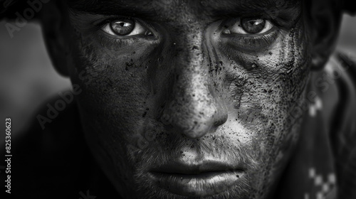 A man with a dirty face and a bandana on his head