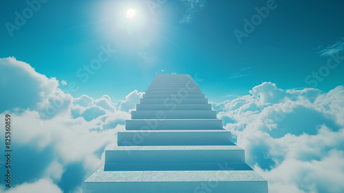 Escada branca que leva ao céu com nuvens e fundo azul
