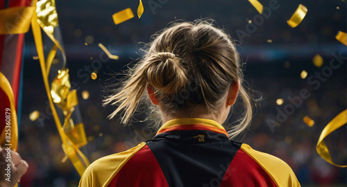 Sportswoman celebrating championship victory in a sports stadium with confetti. Woman sports fan supporting her national team Germany. Fan cheering zone photo