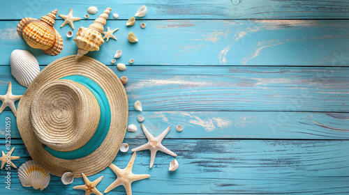 Conchas na prancha de madeira azul com chapéu de palha photo