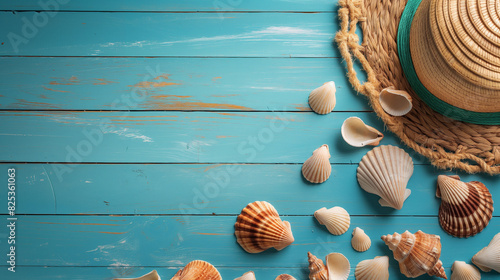 Conchas na prancha de madeira azul com chapéu de palha photo