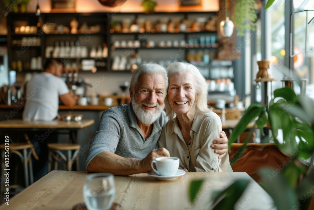 Smiling elderly couple share a moment over coffee in a cozy cafe setting