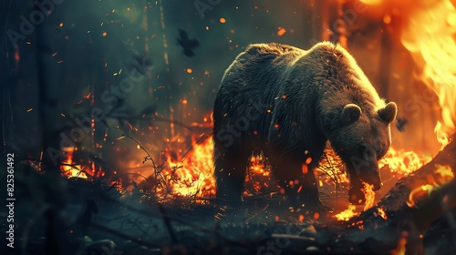 A large, brown bear stands in the middle of a raging forest fire