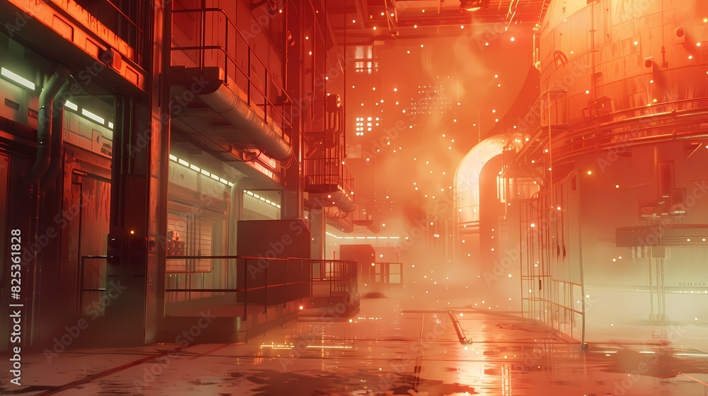 A scene of a nuclear reactor, with a background of particles of radiation and heat A scene of a nuclear reactor, with a background of particles of radiation and heat