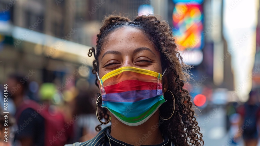 Vibrant Smiling Person Wearing Rainbow Face Mask in Urban Cityscape - Confidence and Joy in Diversity Vibrant Smiling Person Wearing Rainbow Face Mask in Urban Cityscape - Confidence and Joy in Diversity
