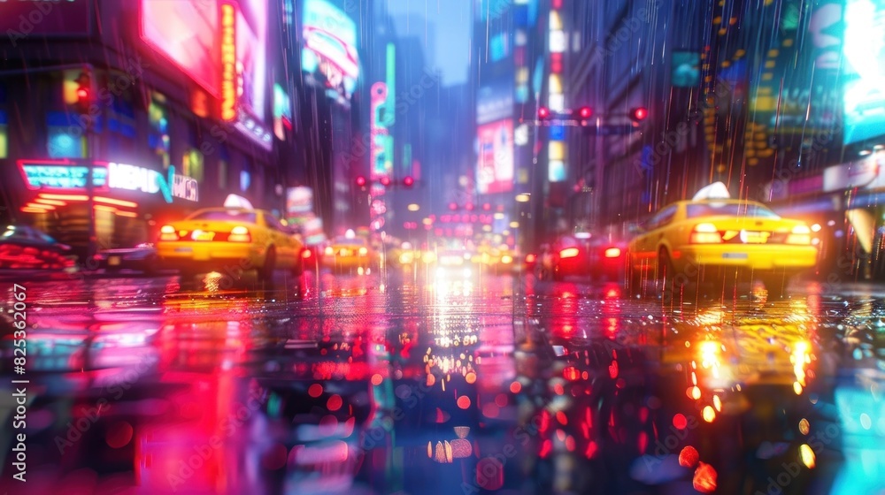 Lively Downtown Intersection A Dynamic Downpour Scene with Reflective Headlights and Neon Lights
