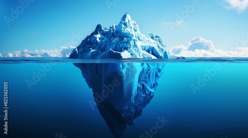 The photo shows the tip of an iceberg floating in the ocean. The iceberg is mostly hidden underwater, with only a small portion visible above the surface. photo