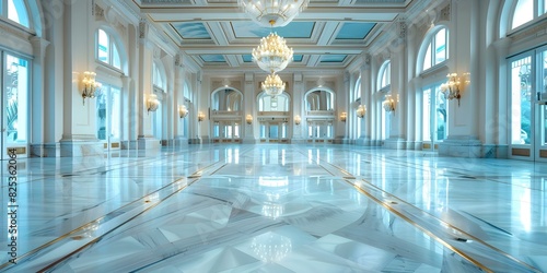 1920s ballroom with art deco design geometric patterns opulent chandeliers dramatic lighting. Concept Art Deco Design, Gatsby Inspired, Opulent Chandeliers, 1920s Glamour, Dramatic Lighting photo