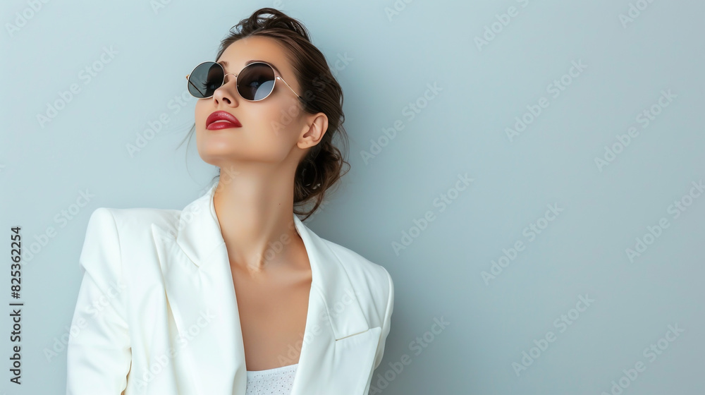 A stunning woman, adorned in a white suit and sunglasses, beams as she gazes upward. A stunning woman, adorned in a white suit and sunglasses, beams as she gazes upward.
