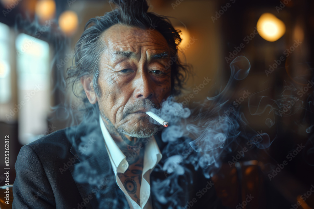 A distinguished man with an intricate tattoo calmly smokes in a hazy room. A distinguished man with an intricate tattoo calmly smokes in a hazy room.