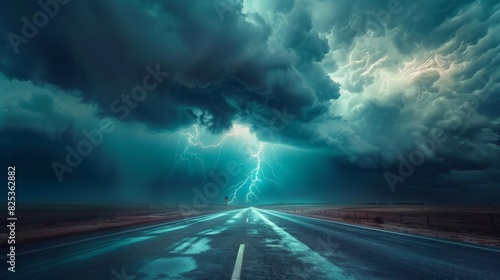 The dark clouds and lightning bolts create a dramatic scene over the lonely road. © Sittipol 
