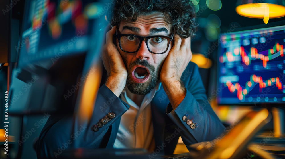 Stressed trader with hands on head in front of trading screens. Stressed trader with hands on head in front of trading screens.