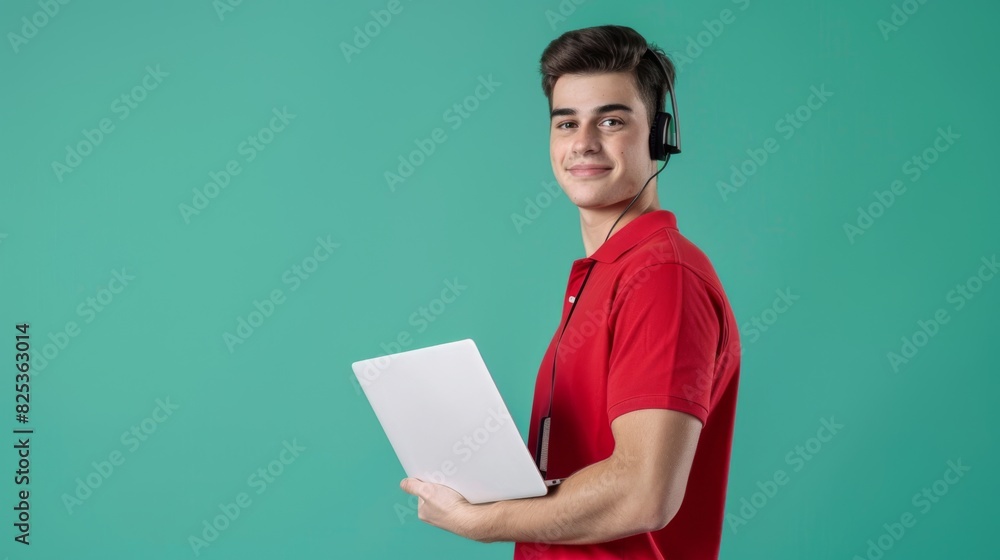 Young Man with Headset and Laptop Young Man with Headset and Laptop