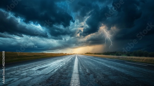 The dark clouds and stormy sky create a dramatic backdrop for this photo of an empty asphalt road.