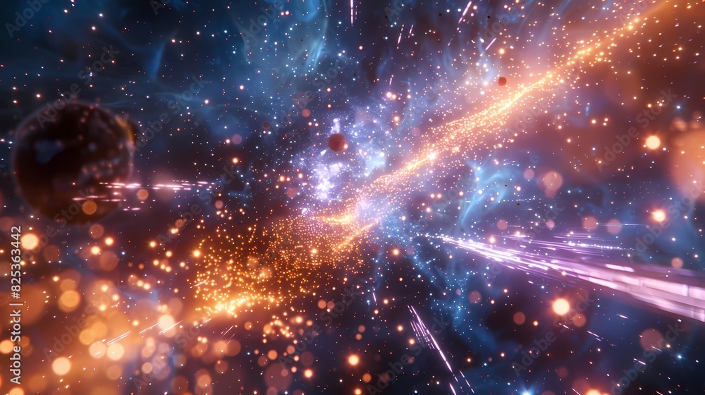A scene of a particle beam, with a background of particles of matter and energy A scene of a particle beam, with a background of particles of matter and energy