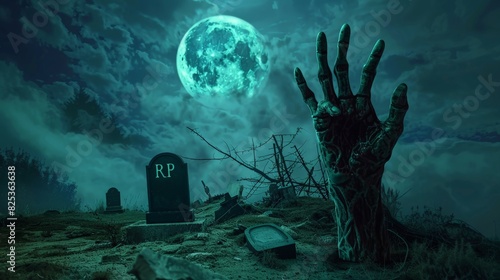 A zombie hand reaching out from the grave on a spooky night with a full moon