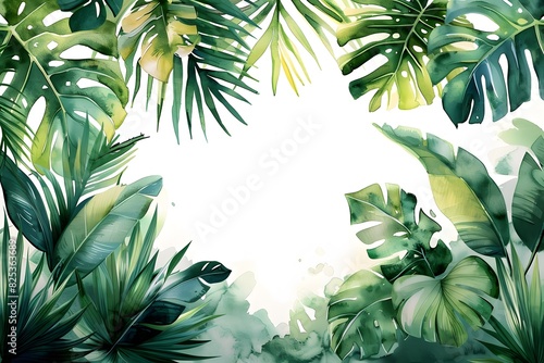 Vibrant and colorful watercolor illustration of a tropical jungle scene, featuring palm trees and lush greenery.