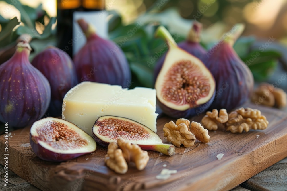Artisan cheese with fresh figs and walnuts on a rustic cutting board Artisan cheese with fresh figs and walnuts on a rustic cutting board