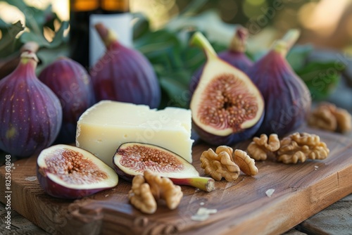 Artisan cheese with fresh figs and walnuts on a rustic cutting board