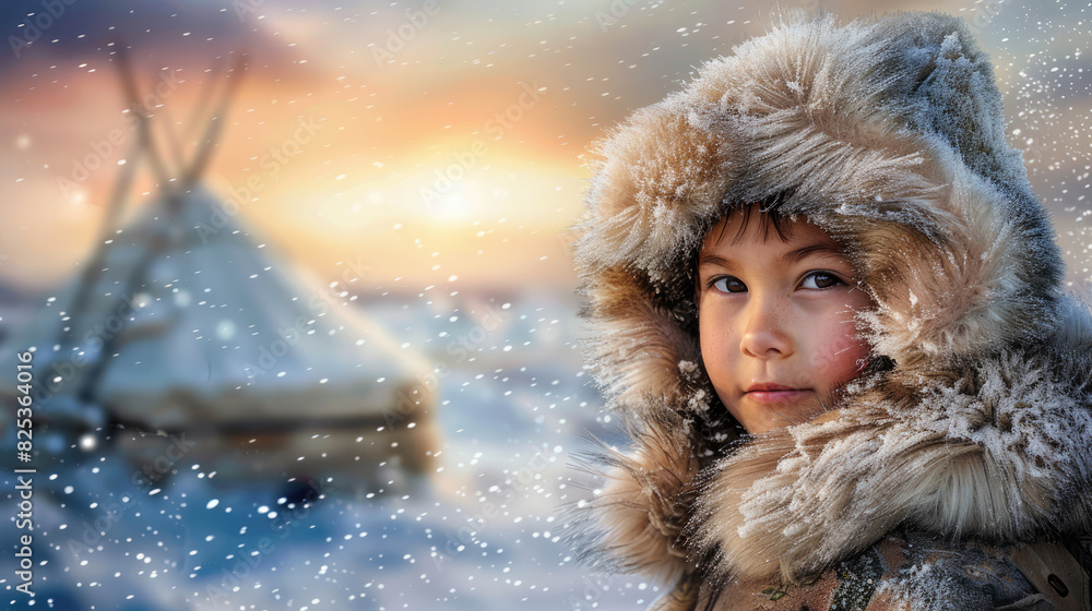 Inuit young child dressed in traditional fur clothing, standing proudly before a snow-covered yurt, peoples in extreme climates Inuit young child dressed in traditional fur clothing, standing proudly before a snow-covered yurt, peoples in extreme climates