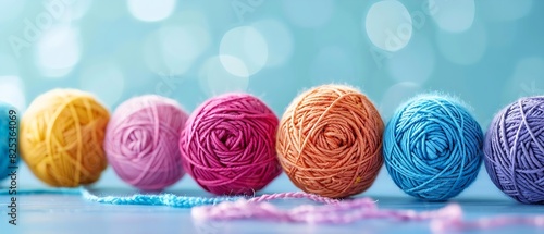 Panoramic view of vibrant assorted yarn balls lined up, focus on texture and colors photo