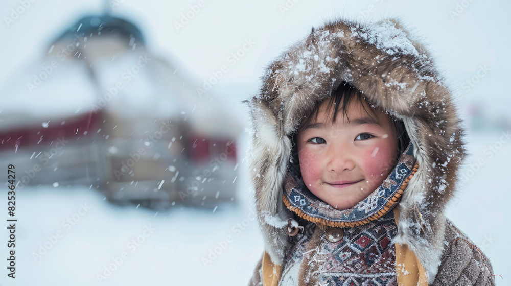 Inuit young child dressed in traditional fur clothing, standing proudly before a snow-covered yurt, peoples in extreme climates Inuit young child dressed in traditional fur clothing, standing proudly before a snow-covered yurt, peoples in extreme climates