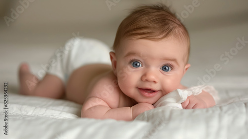 Happy baby lying on their stomach on a white blanket, looking up with bright eyes and a joyful expression, capturing a moment of innocence and happiness.