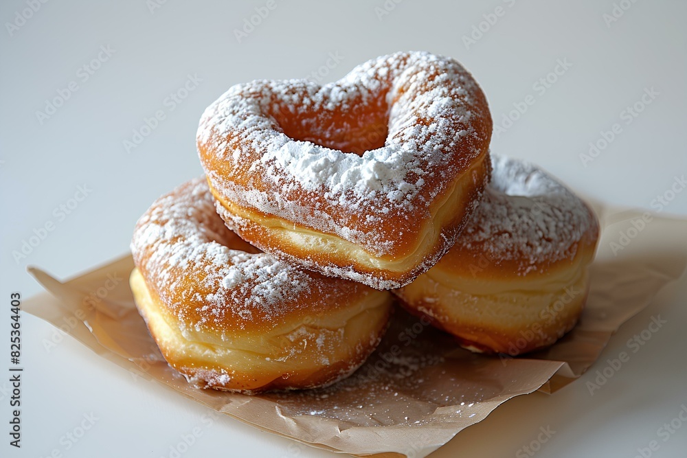 A pile of doughnuts covered in powdered sugar A pile of doughnuts covered in powdered sugar