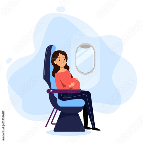 Pregnant woman travel by airplane in economy class. Vector flat cartoon illustration. Young mother has business class flight. Journey during pregnancy concept.