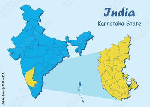 Karnataka locator map showing District and its capital. Karnataka India vector map illustration. Karnataka District vector map illustration. Karnataka state political outline. India Map.
