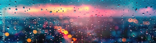 Super Ultrawide Blurred City View With Lights Landscape Photo Trough Rainy Window photo