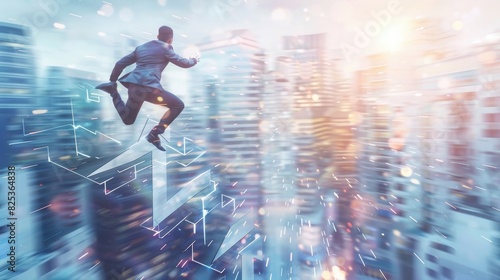 Businessman running and jumping on the arrow of growth with a city background, Concept business technology definition stock photo contest winner, 