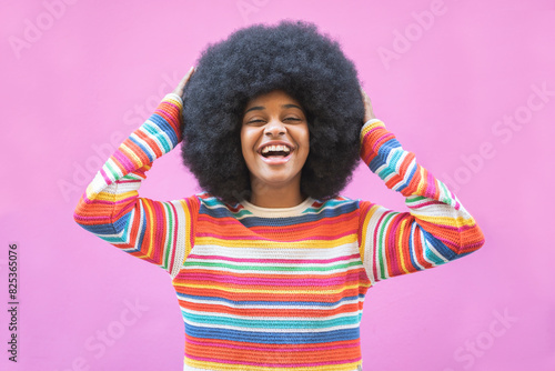 Portrait of black woman laughing photo