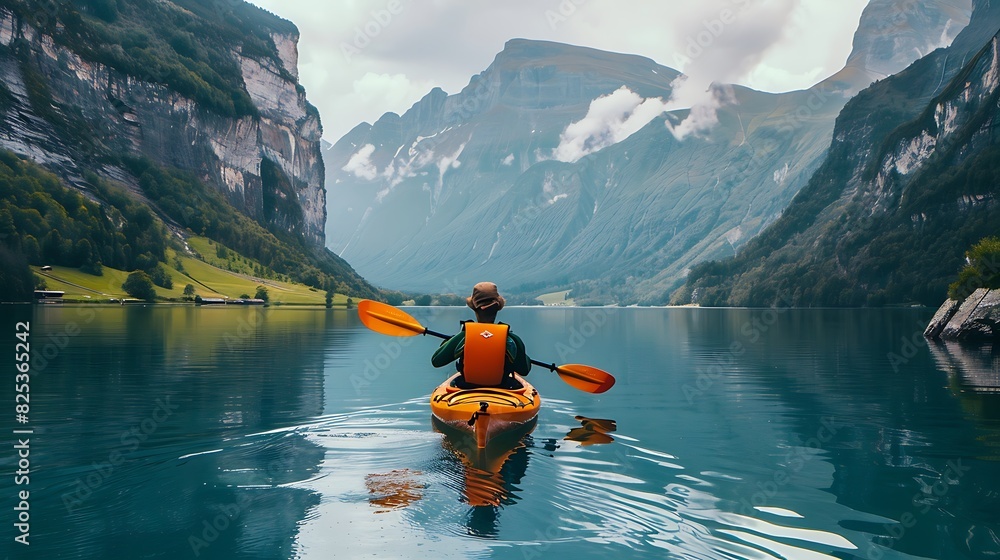 Alone in the beauty of nature. Kayaking in the mountains Alone in the beauty of nature. Kayaking in the mountains