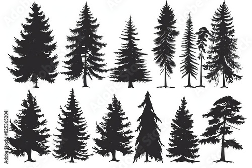 silhouettes of evergreen trees isolated on white background winter forest set vector illustration