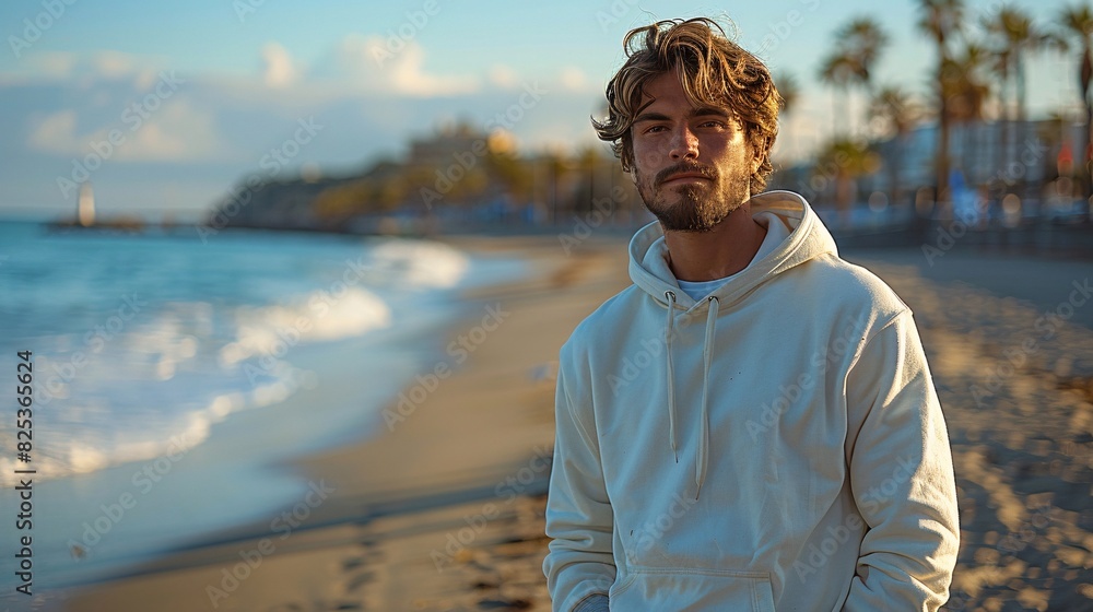 This hyper-realistic product imagery features a Spanish man wearing a white regular-fit hoodie and ripped grey jeans, standing at a beautiful beach promenade in Spain