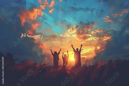 silhouettes of people raising hands toward sunset sky inspirational digital painting © Lucija