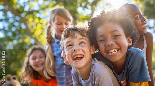 Group of happy children playing together outside