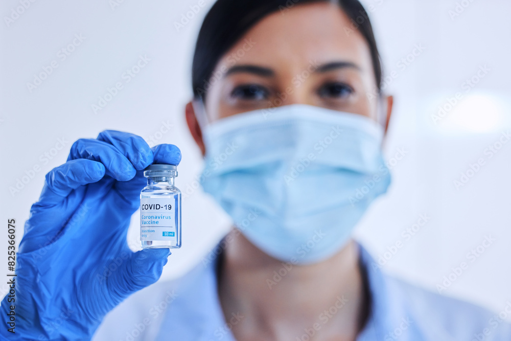 Girl, hand and vaccine bottle in hospital for treatment or illness control for virus, disease and innovation. Female medical worker, shot and vial for immunization, prevention and injection for covid Girl, hand and vaccine bottle in hospital for treatment or illness control for virus, disease and innovation. Female medical worker, shot and vial for immunization, prevention and injection for covid