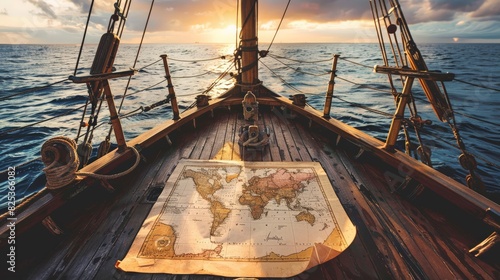 The photo shows an old sailing ship with a map on the deck. The ship is sailing towards the sunset. The photo is taken from the perspective of the captain. photo