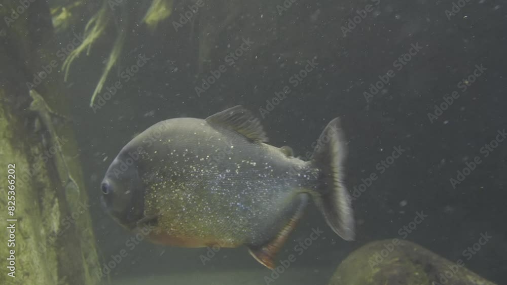 Slow-motion closeup of Piranhelaceae Fish swimming in aquarium Slow-motion closeup of Piranhelaceae Fish swimming in aquarium