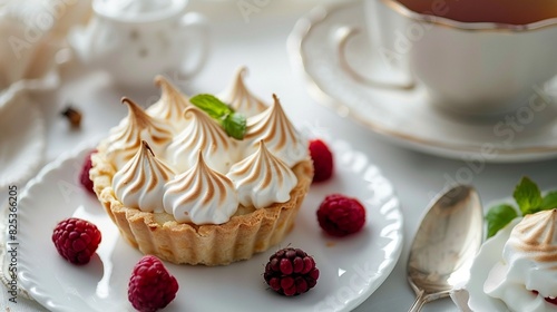 sweet tartlet with meringue and raspberry, cup of tea on white table