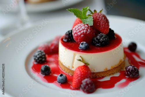 Gourmet cheesecake adorned with fresh berries and mint, drizzled with red coulis