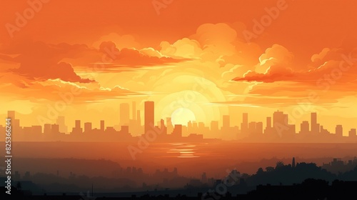 Smog and fine dust city in the morning with orange sunrise sky Cityscape