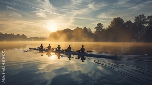 The four-person crew team is out for an early morning row on the lake
